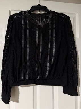 Express Black Lace Long-Sleeve Blouse with Satin Trim